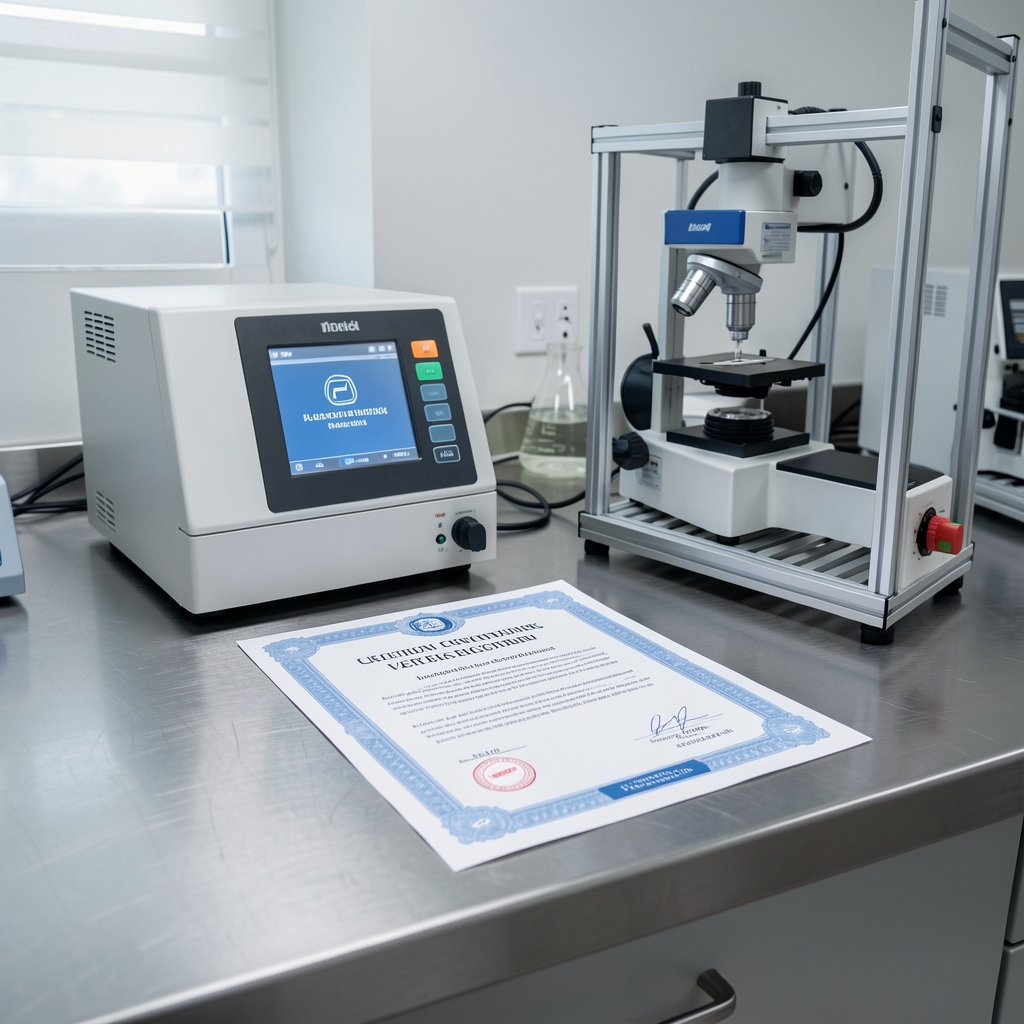 Third-party laboratory verification scene showing analysis equipment and a laminated certificate of composition document on a stainless steel bench with studio lighting