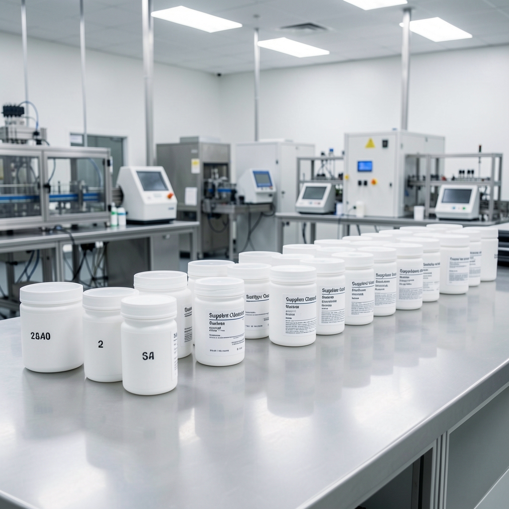 Supplement quality-control bench with batch-coded containers arranged in sequence under bright studio lighting in a clean production environment