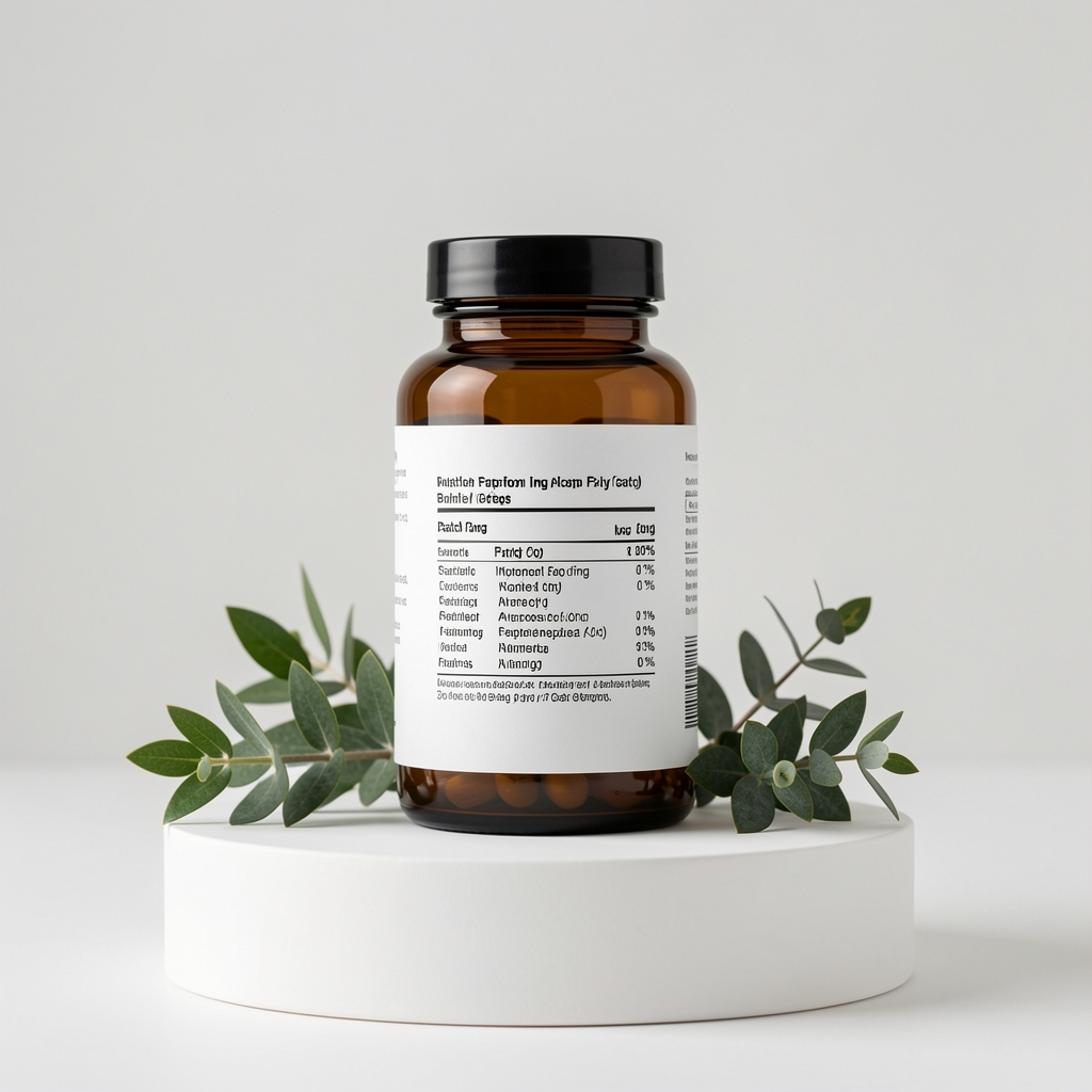 Single Drevani amber glass supplement bottle on a clean white pedestal with botanical element styling, front label showing batch code and ingredient profile, minimal editorial product shot