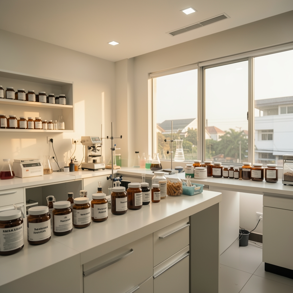 Wide view of a supplement formulation studio in Jakarta with clean white work surfaces, labeled storage jars, and a large natural window providing warm afternoon light
