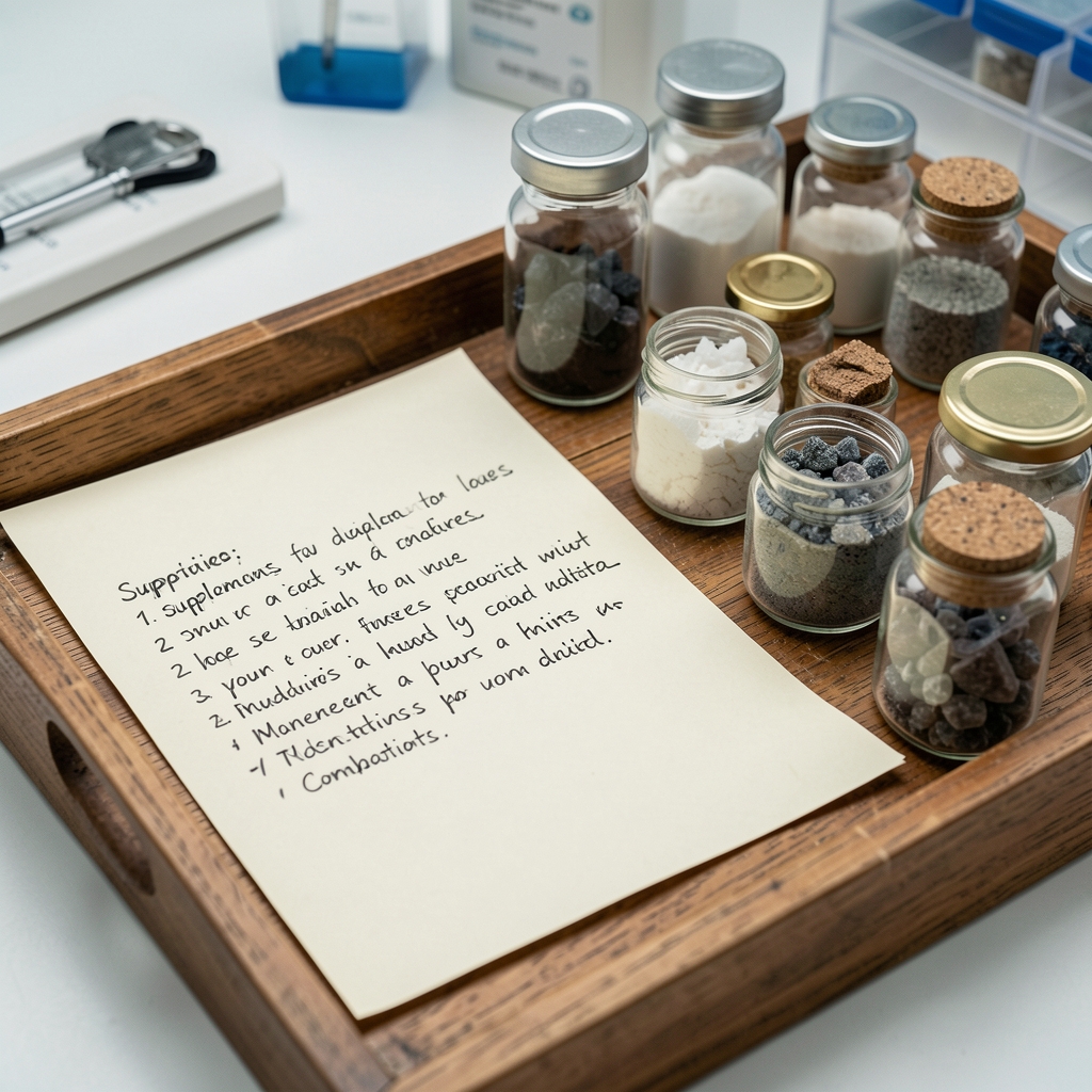 Detailed close-up of supplement composition notes handwritten on cream paper alongside mineral sample vials on a wooden tray in a quality-control workspace